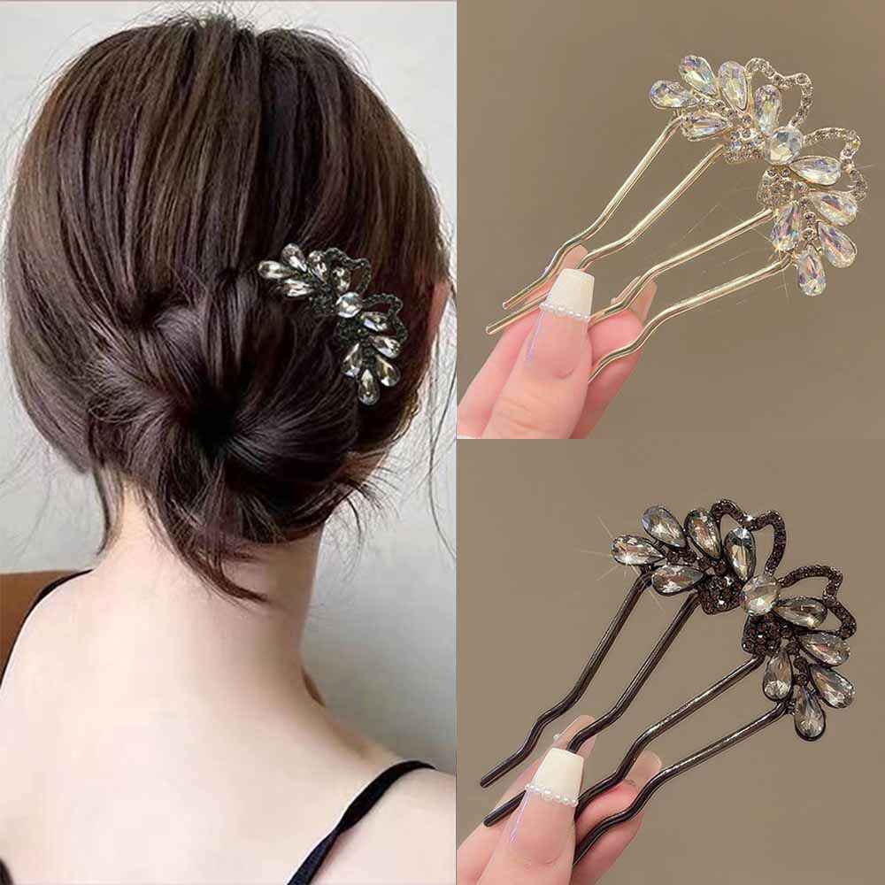 Women Accessories Shop - Fashion Rhinestones U-Shaped Hair Sticks Butterfly
