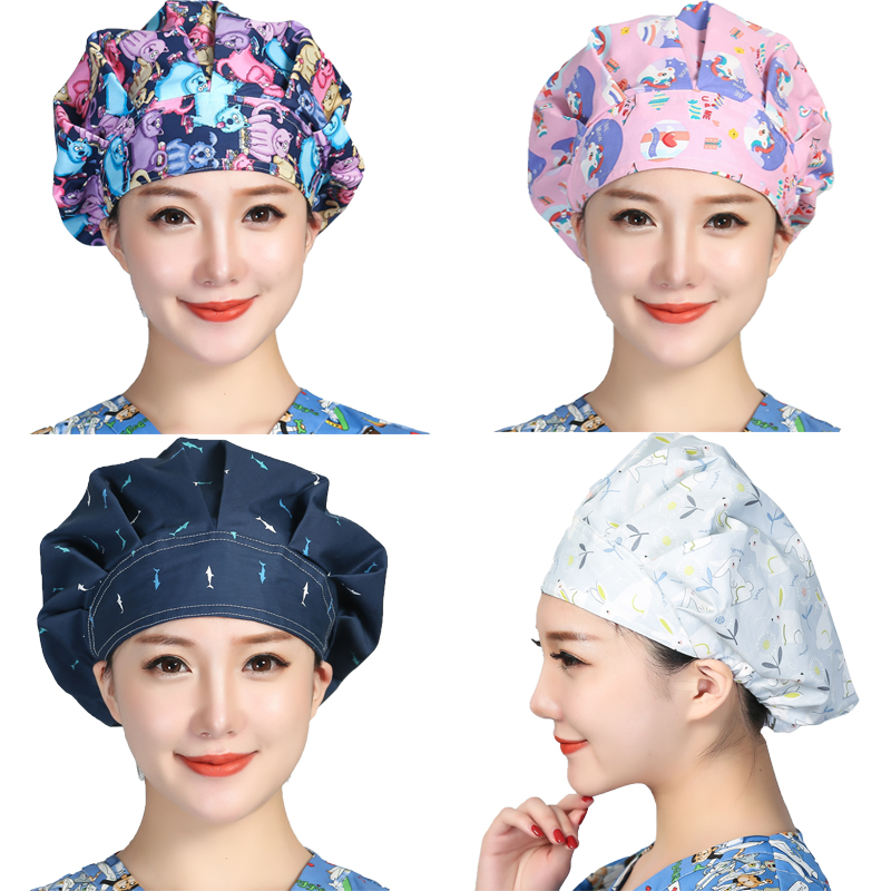 Women'S Work Accessories - Bouffant Scrubs Hats Cartoon Printed Cotton