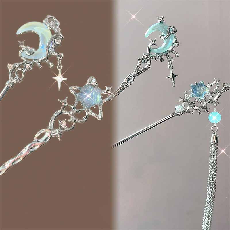 Women Accessories Shop - Moonstone Star Moon Hair Stick Metal
